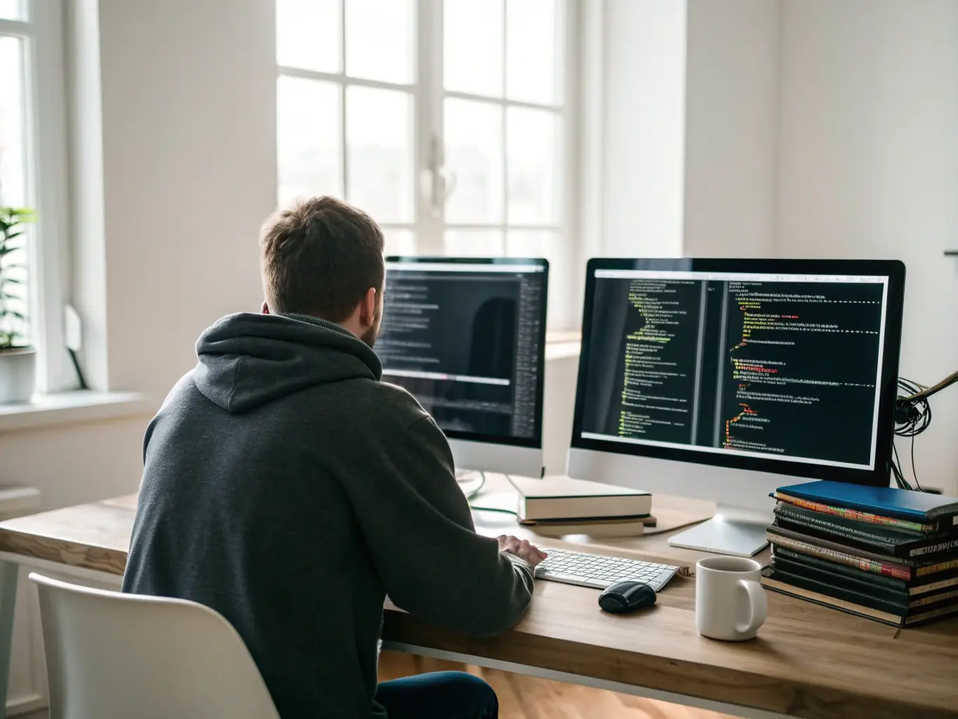 A sleek image of a developer working on multiple screens displaying web and mobile app interfaces, showcasing Bit International's expertise in creating responsive and user-friendly applications.